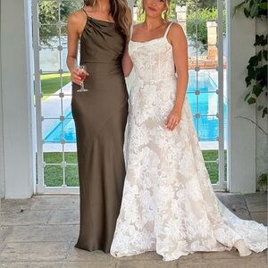 Shona Joy Luxe Asymmetrical Gathered Maxi Dress - khaki green, size XS